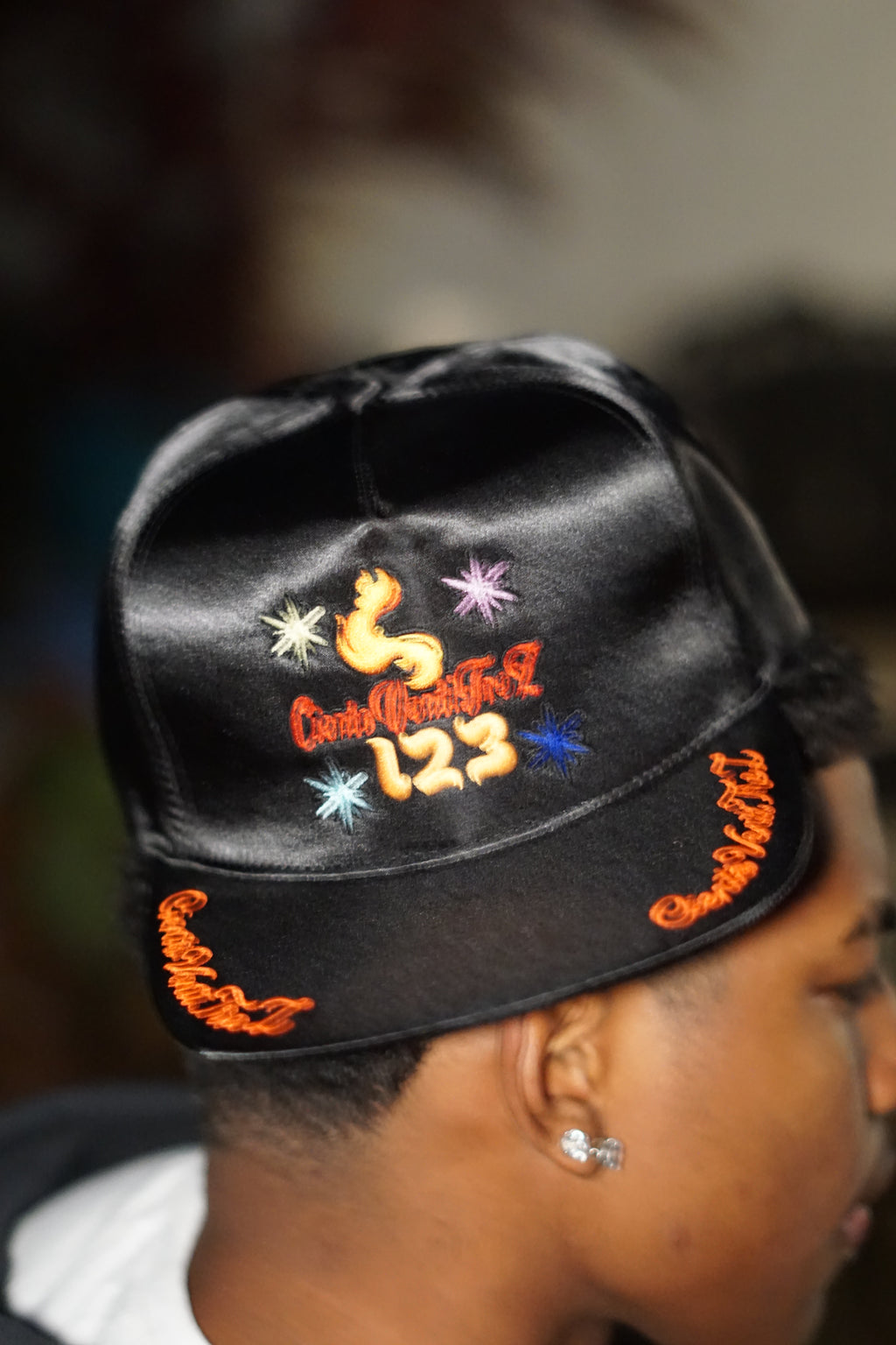 Black Satin strapback cap